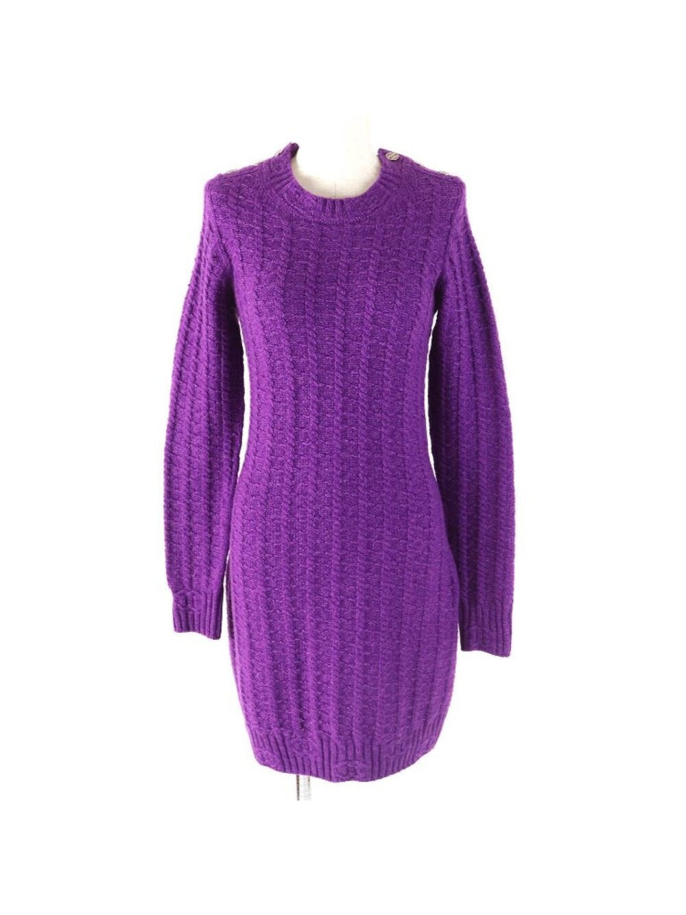 Chanel Wool Cashmere Both Shoulders CC Logo Button Knit Dress Purple 34